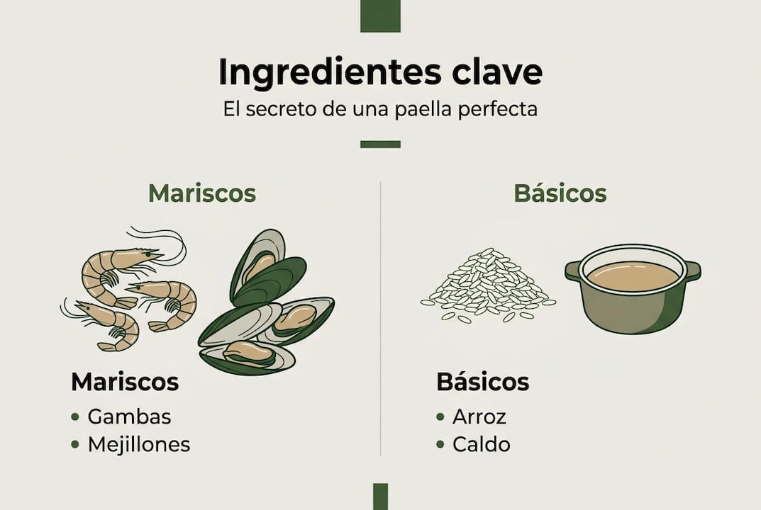 Infografía con los ingredientes imprescindibles para preparar una auténtica paella marinera