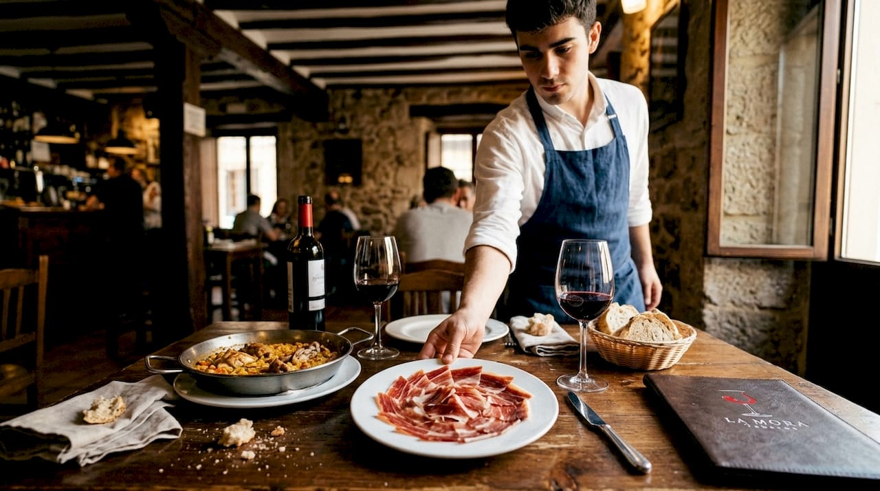 Un camarero corta y sirve paleta ibérica recién salida de la cocina en un restaurante típico de Valencia.