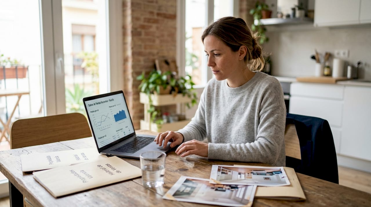 Asesora inmobiliaria revisando y comparando las últimas ventas en la zona