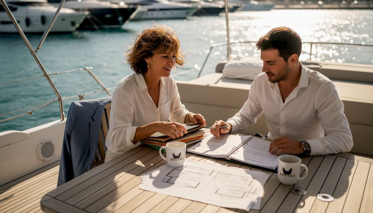 Coordinator discusses event details with yacht partner