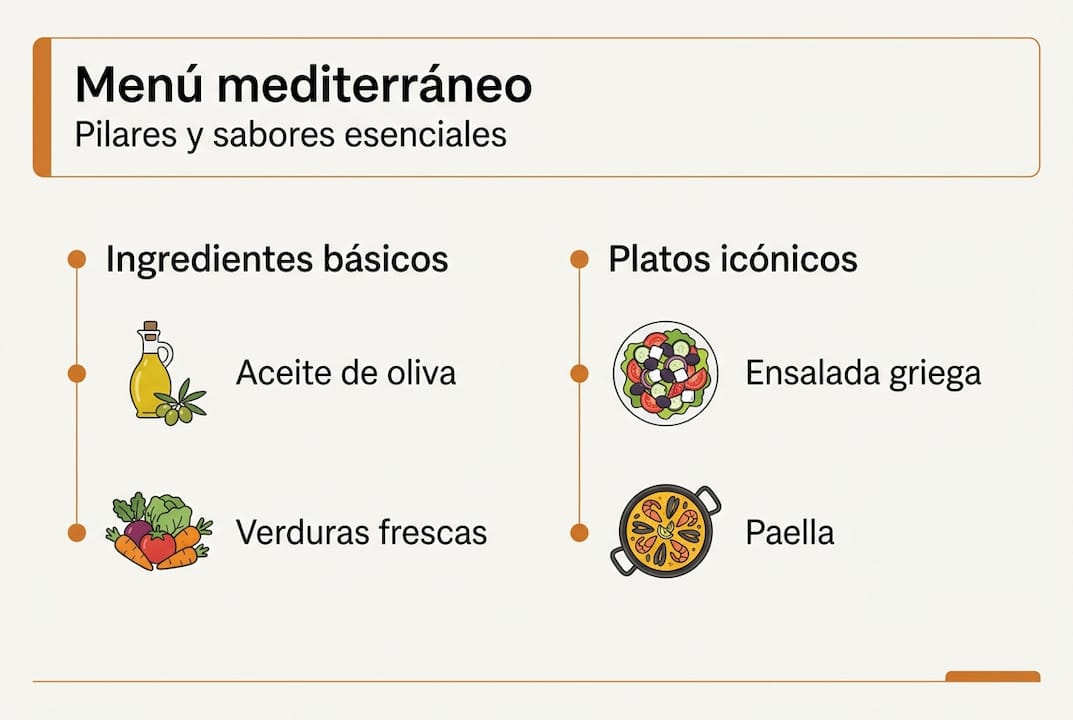 Infografía sobre el menú mediterráneo: sus bases y platos más representativos
