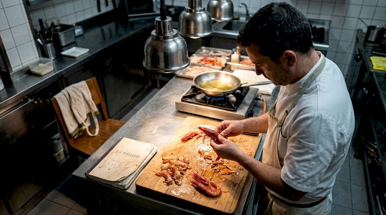 Un chef trabaja con gambas frescas en una cocina profesional, cuidando cada detalle para lograr el mejor sabor.