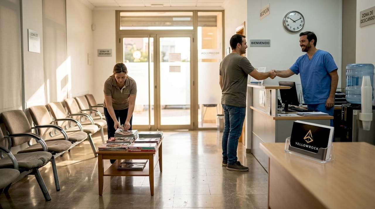 Recepción de una clínica dental, con personal atendiendo a un paciente.