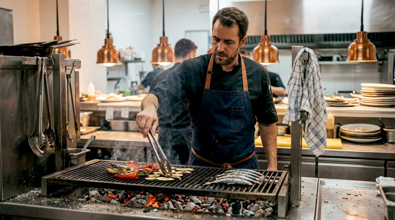 Chef preparando platos al fuego de leña con el auténtico sabor mediterráneo