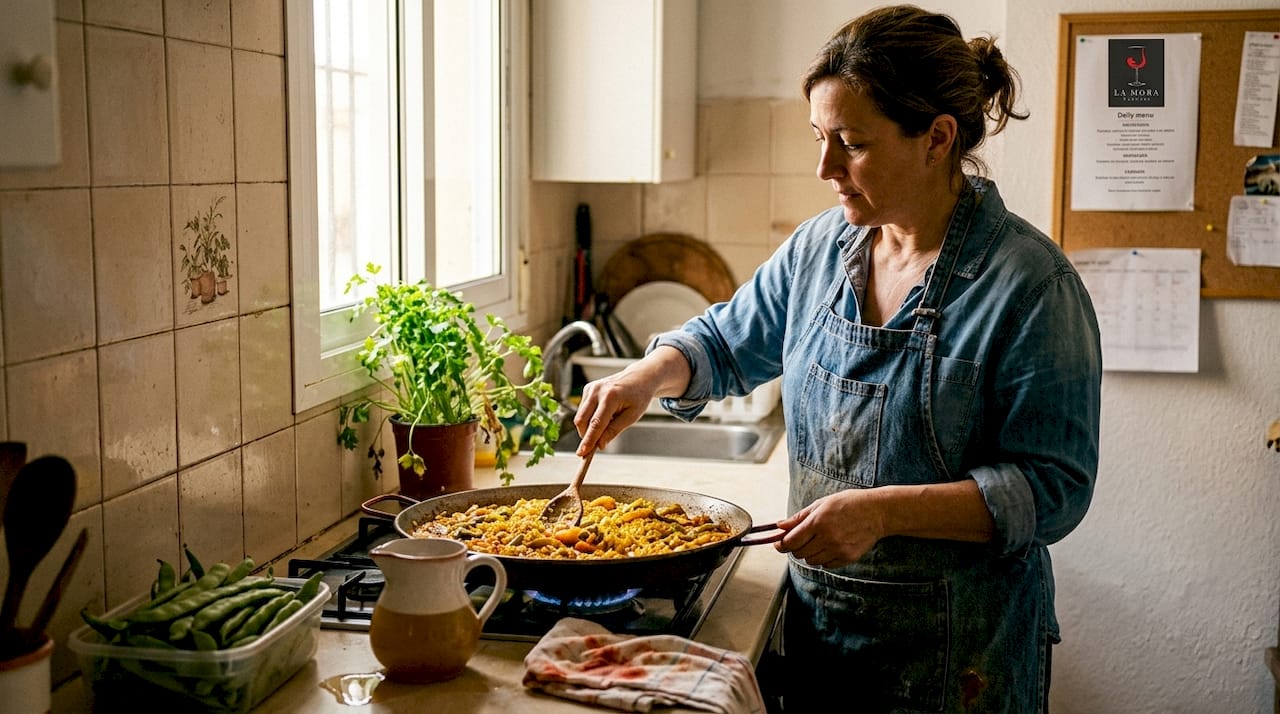 Una mujer está cocinando una auténtica paella valenciana en su propia cocina, siguiendo la tradición familiar.
