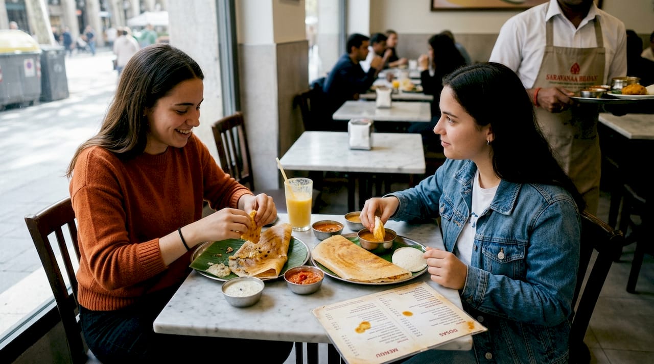 Un grupo de amigos disfrutando juntos de una cena india vegetariana en Barcelona.