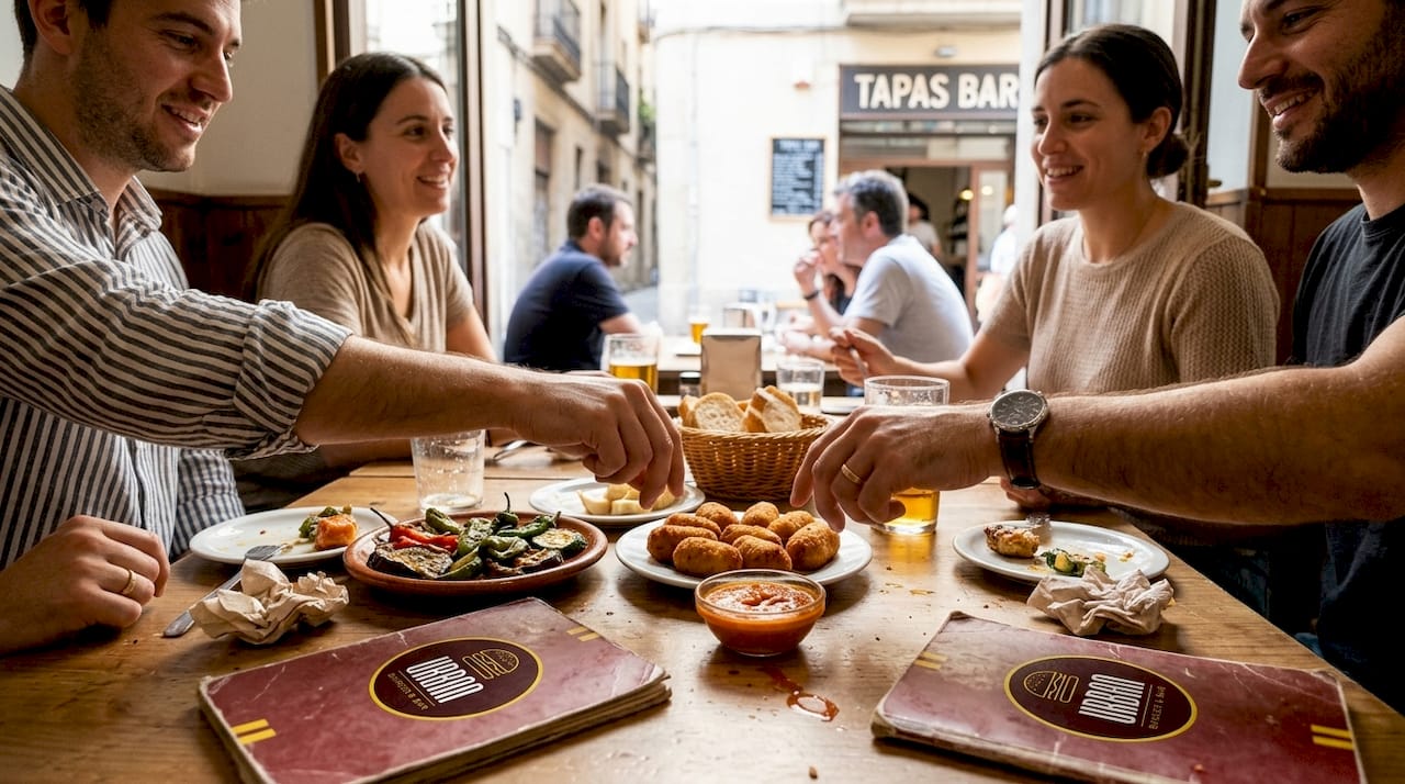 Un grupo de amigos compartiendo tapas alrededor de una mesa de madera.