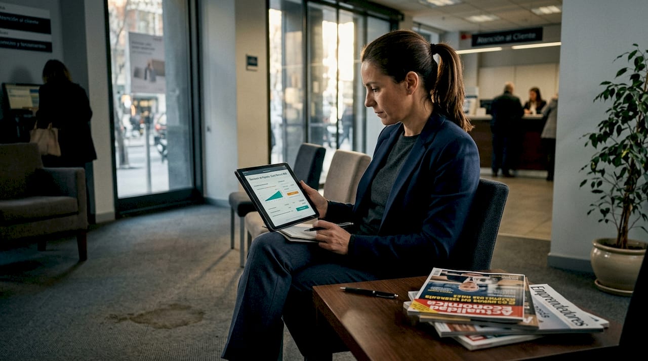 Mujer calculando las condiciones de una hipoteca en una sucursal bancaria española