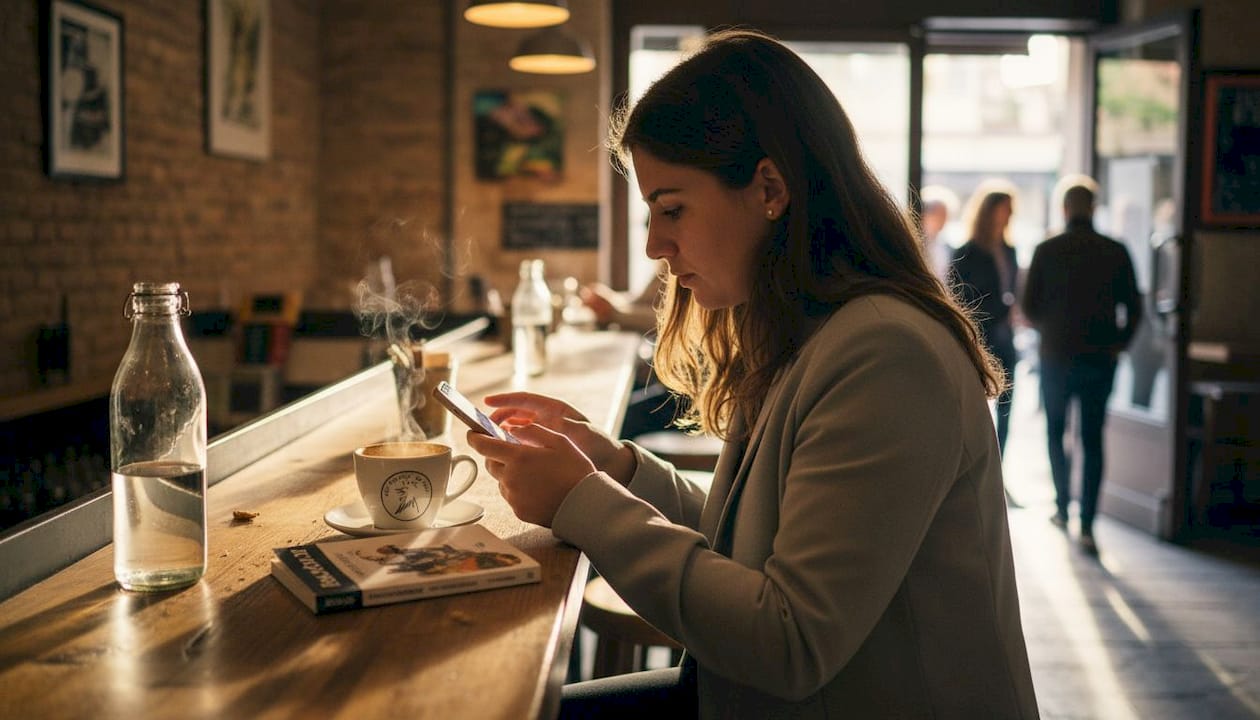 Una mujer consulta las reservas en una cafetería de Barcelona.