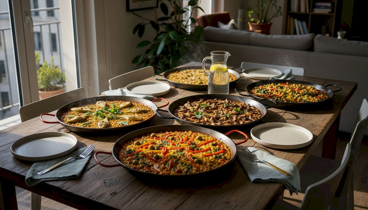 Una mesa repleta de distintas paellas veganas listas para disfrutar.
