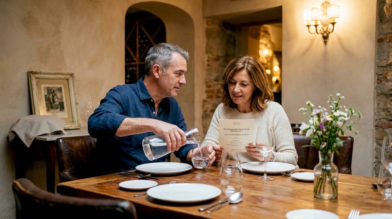 Una pareja disfruta de una cena íntima mientras decide qué pedir del menú.