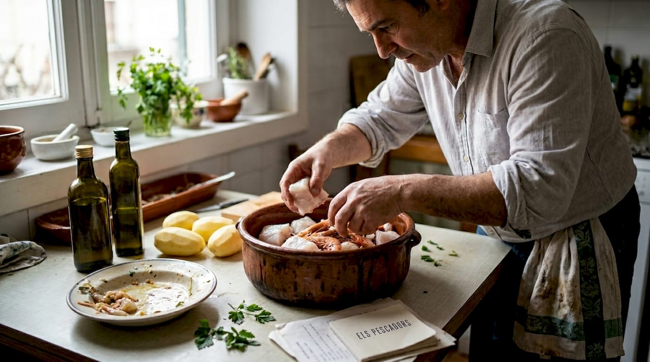 Cocinero casero preparando un auténtico suquet de peix, tal y como se hace en la tradición mediterránea.