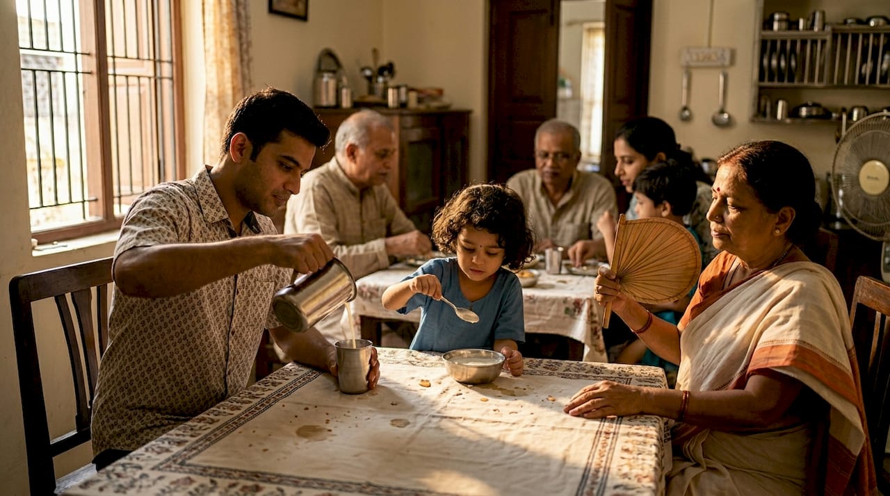 Una familia disfruta de lassi juntos en un restaurante típico de la India.