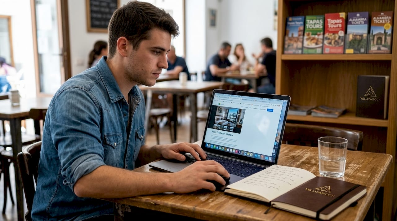 Analizando datos de SEO local desde el portátil mientras disfruto de un café