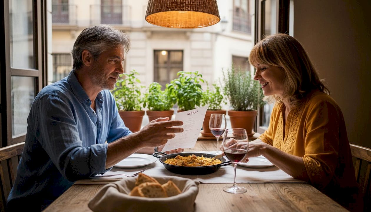 Una pareja hojea la carta mientras decide qué pedir en un restaurante de cocina mediterránea.