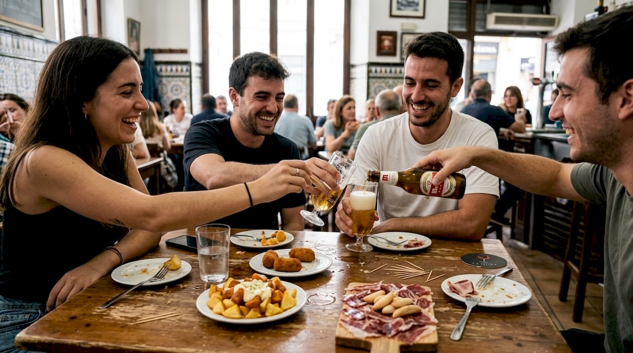 Un grupo de amigos disfruta de una selección de tapas valencianas tradicionales.