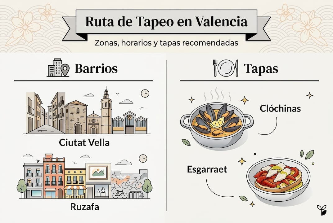 Mapa ilustrado con el recorrido, los barrios y las mejores tapas para disfrutar en Valencia