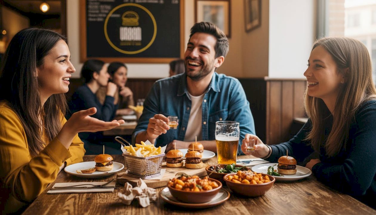 Un grupo de amigos comparte unas tapas alrededor de una mesa de madera en un bar con encanto tradicional.