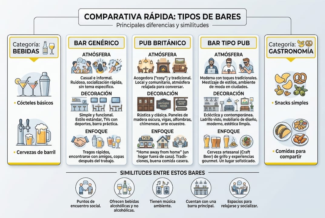 Comparativa visual de bares, pubs y su oferta gastronómica y de bebidas