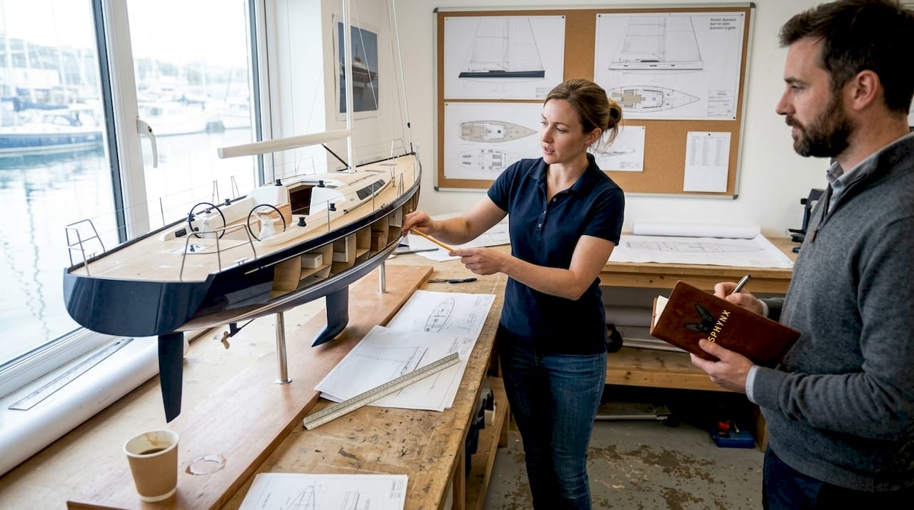 Yacht designers reviewing hull comfort features