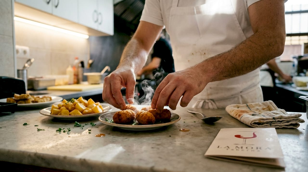 Un chef emplatando tapas calientes como croquetas y patatas bravas, cuidando cada detalle antes de servirlas.