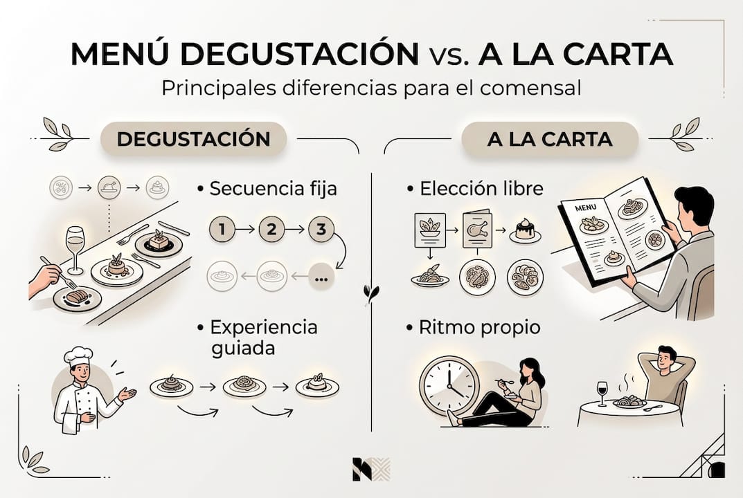 Infografía: diferencias entre menú degustación y pedir a la carta