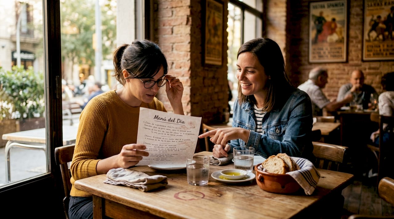 Un grupo de amigos hojea la carta y comenta qué platos pedir mientras disfrutan juntos en la mesa del restaurante.