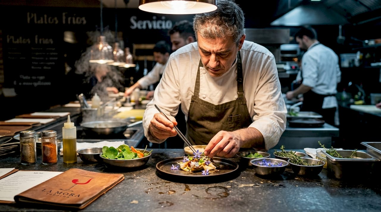 Un chef da los últimos toques a un plato en una cocina moderna.
