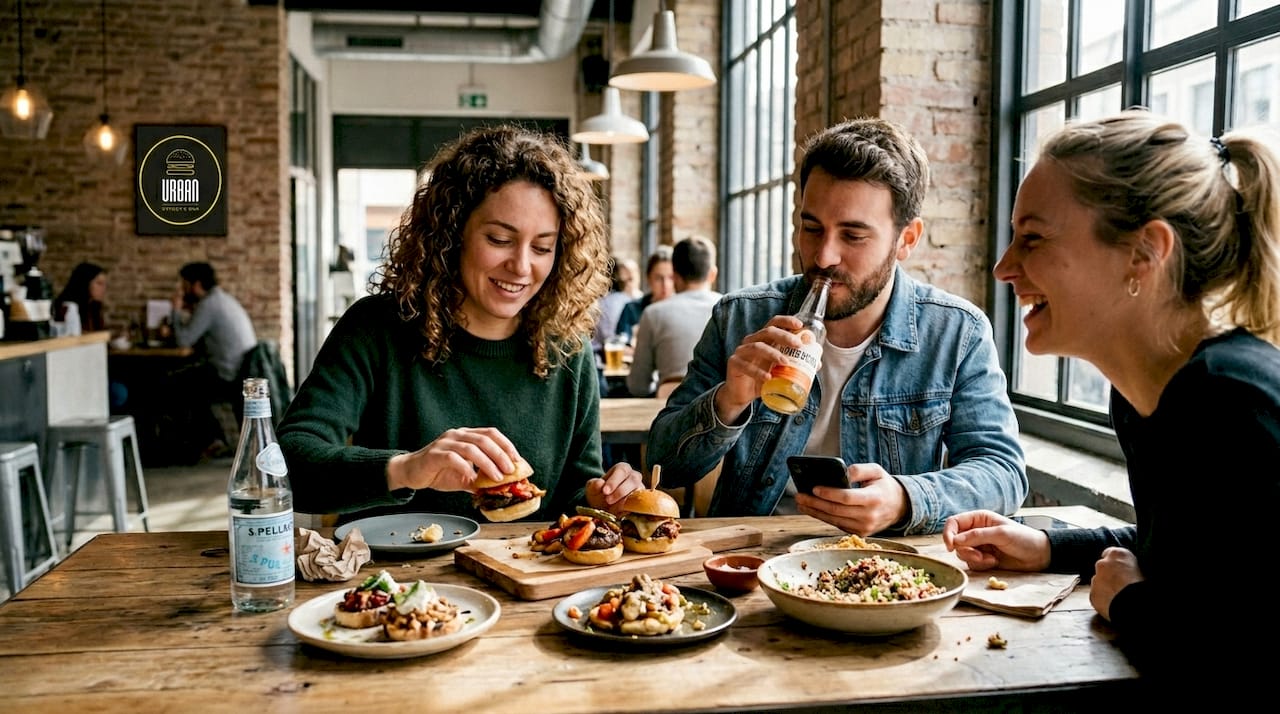 Un grupo de amigos disfruta de platos gourmet mientras comparten risas en un restaurante informal.