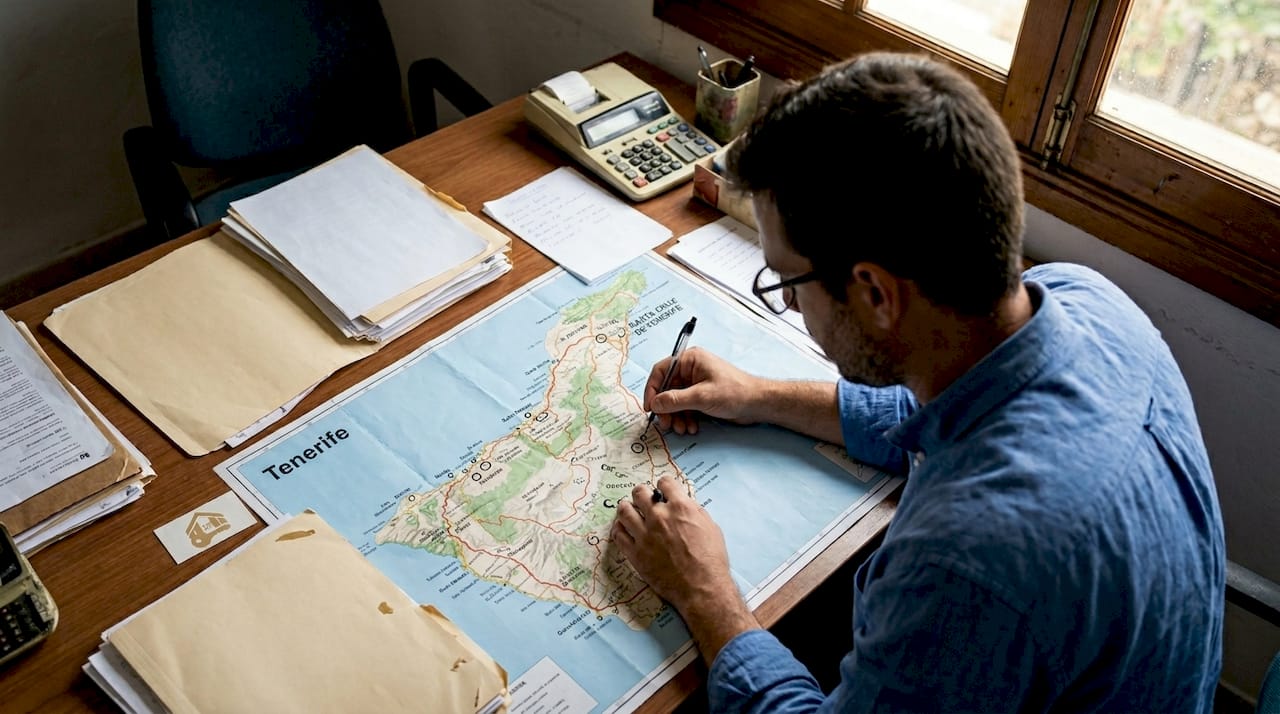 Un asesor analiza el mapa de Tenerife para buscar opciones de alquiler.