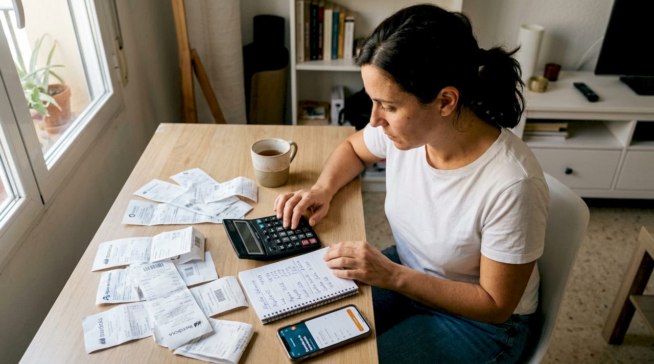 Una mujer revisando sus cuentas para calcular cuánto puede gastar en el alquiler de una vivienda protegida.