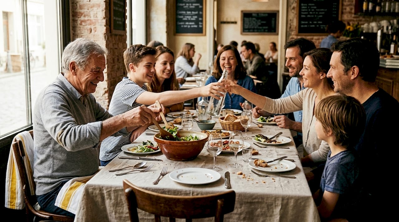 Una familia de varias generaciones reunida alrededor de la mesa, disfrutando juntos de una comida.