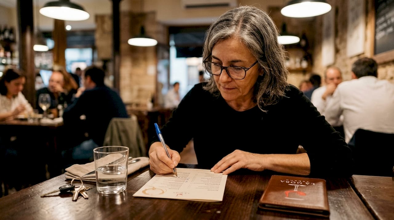 Persona examinando una carta donde aparecen distintivos como DOP, IGP y ETG