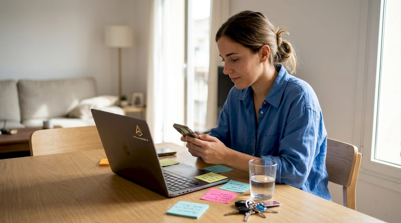 Mujer emprendedora creando su perfil de Google desde casa