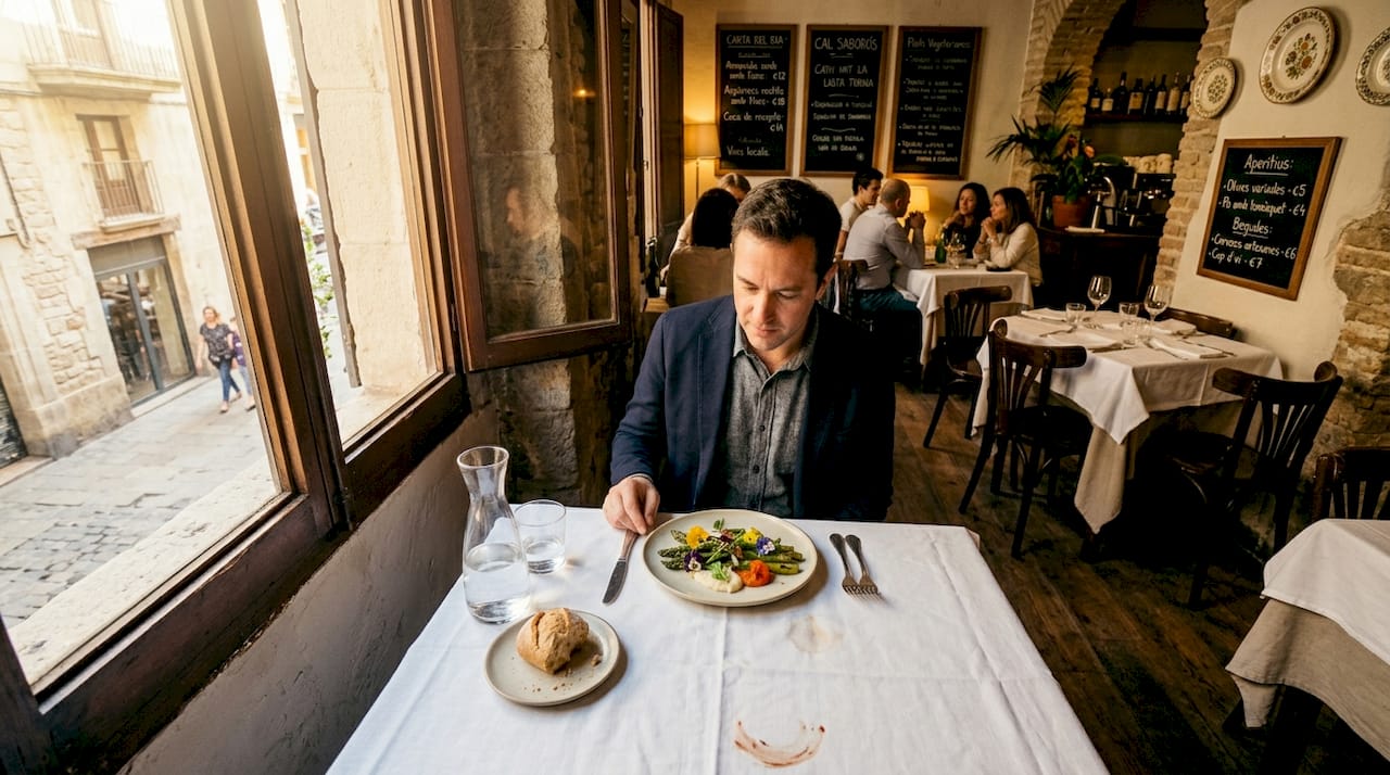 Comensal disfrutando de un menú degustación vegetariano en un restaurante