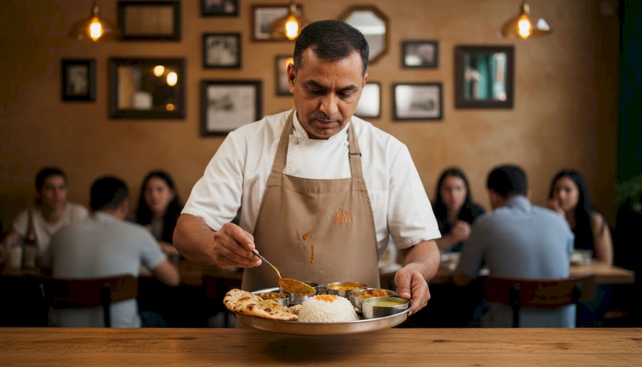 Chef sirviendo un auténtico thali indio en el restaurante