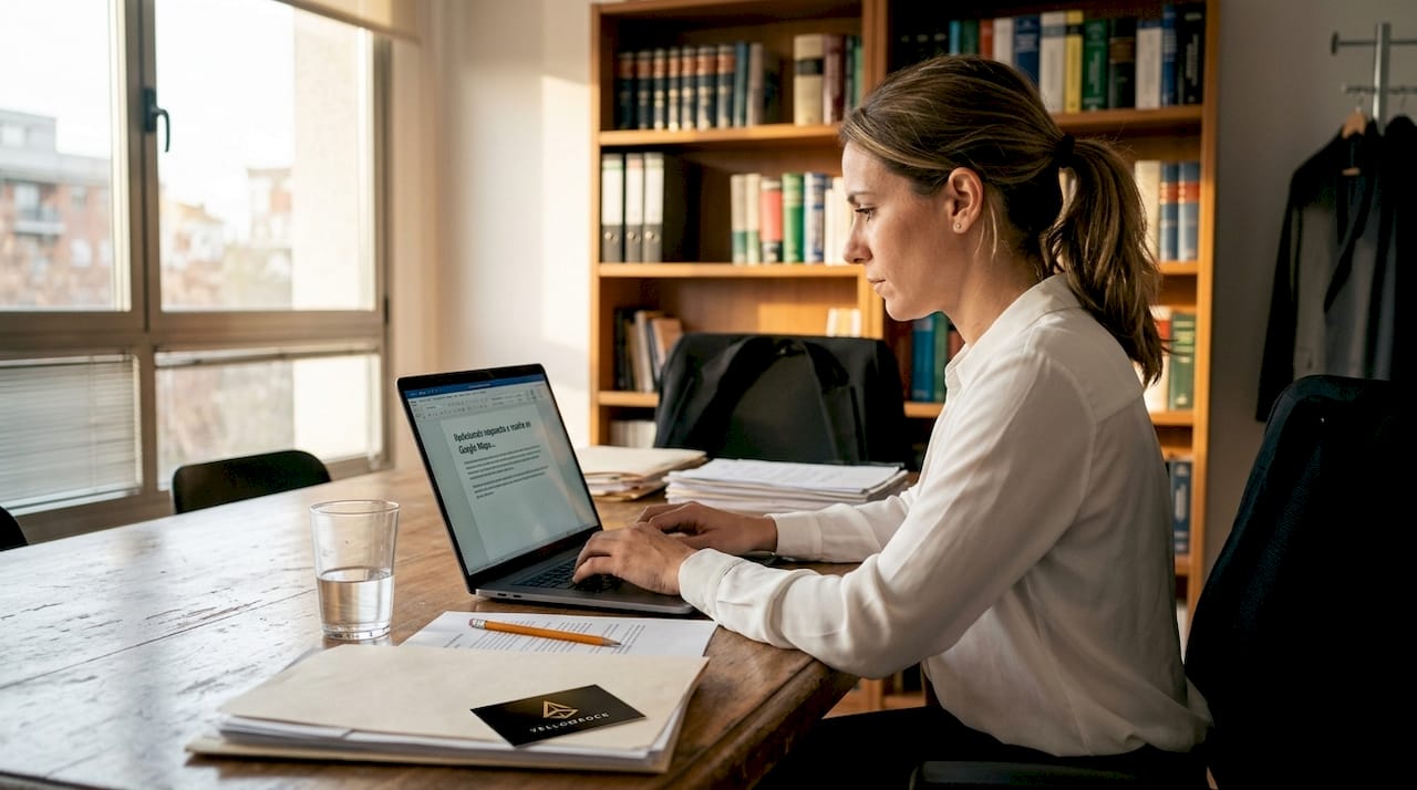 Abogada revisando y respondiendo comentarios de clientes desde su portátil en el despacho
