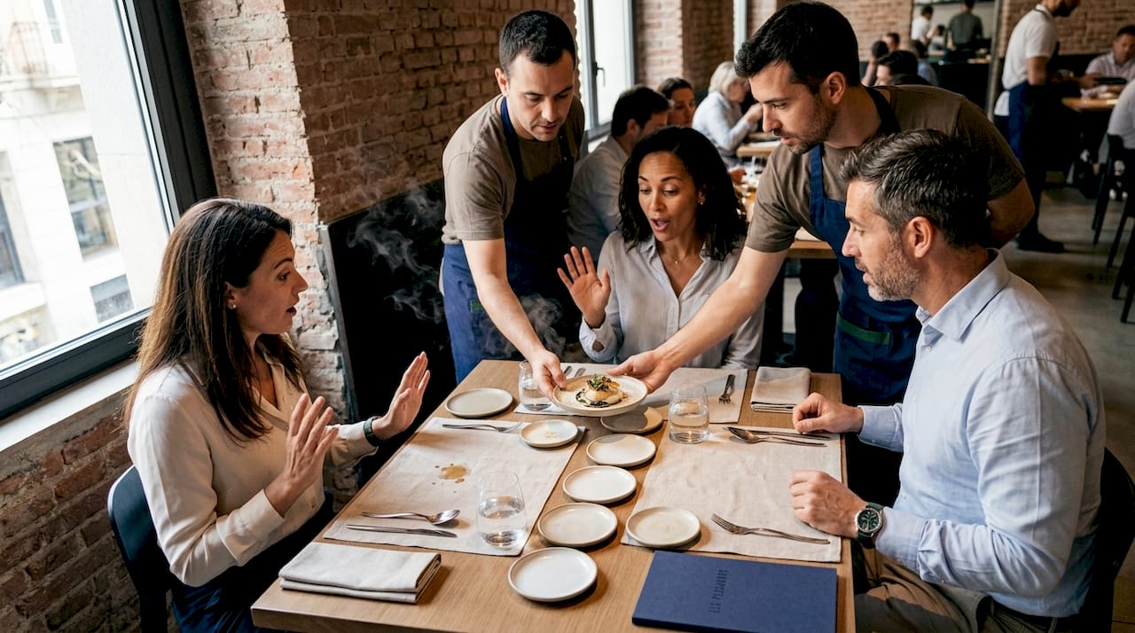 Los comensales reciben el siguiente plato del menú degustación