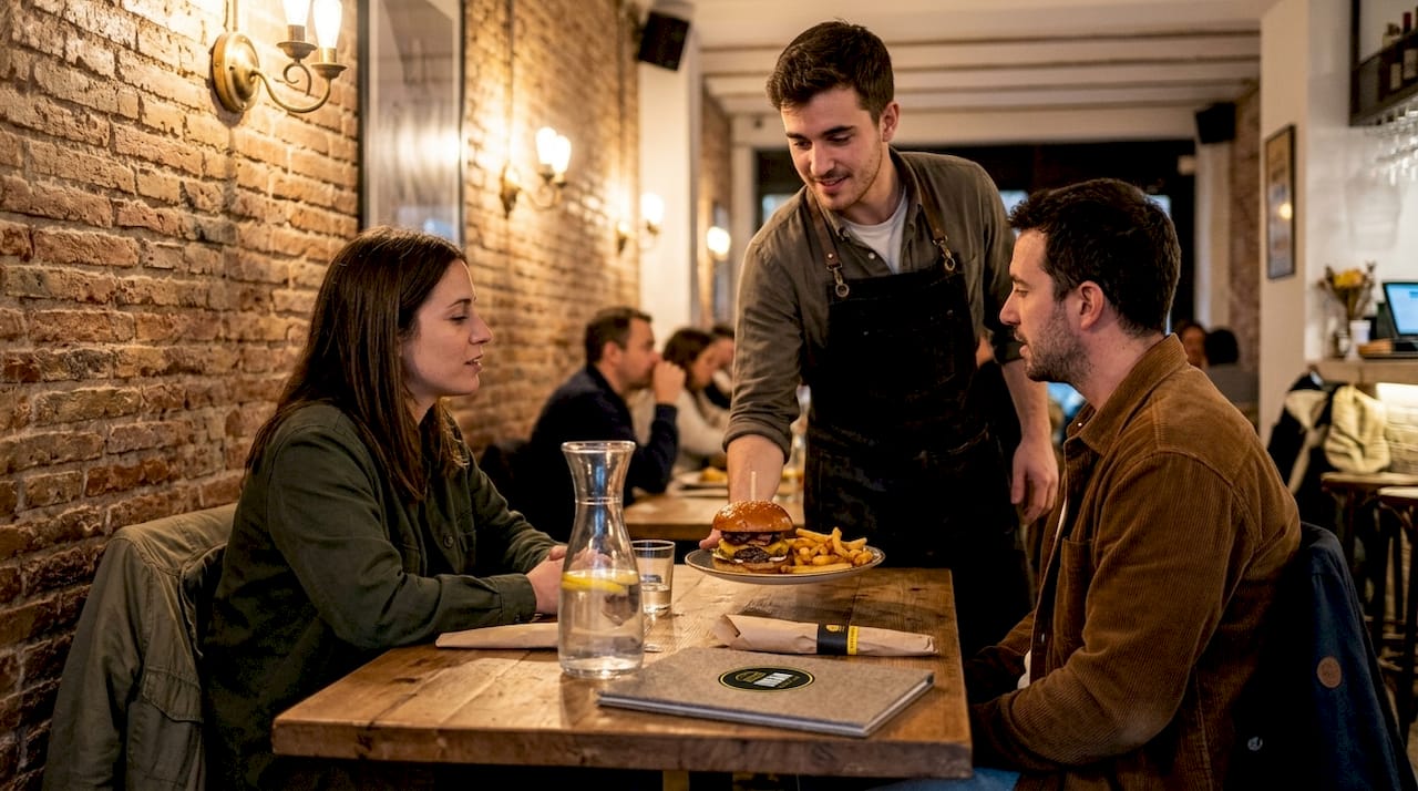 Un camarero sirve una hamburguesa gourmet en un restaurante acogedor.