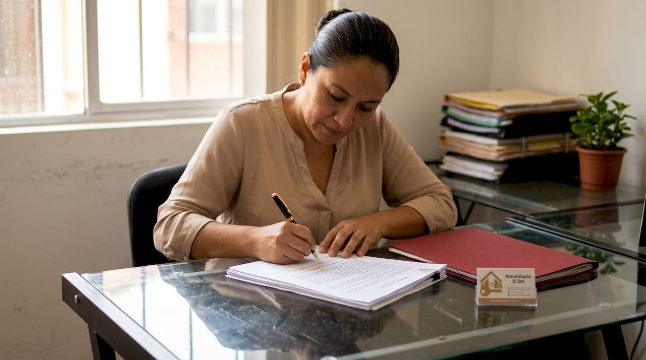 Una mujer firma los papeles para la compra de un terreno.
