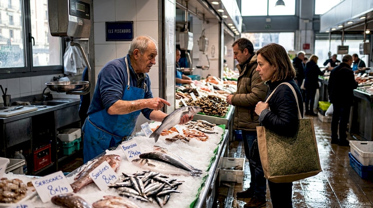 Pescado fresco del día a la venta en el mercado de Barcelona