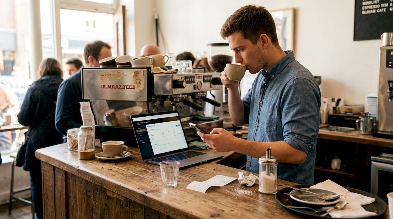 Propietario de una cafetería revisando las opiniones de sus clientes en internet