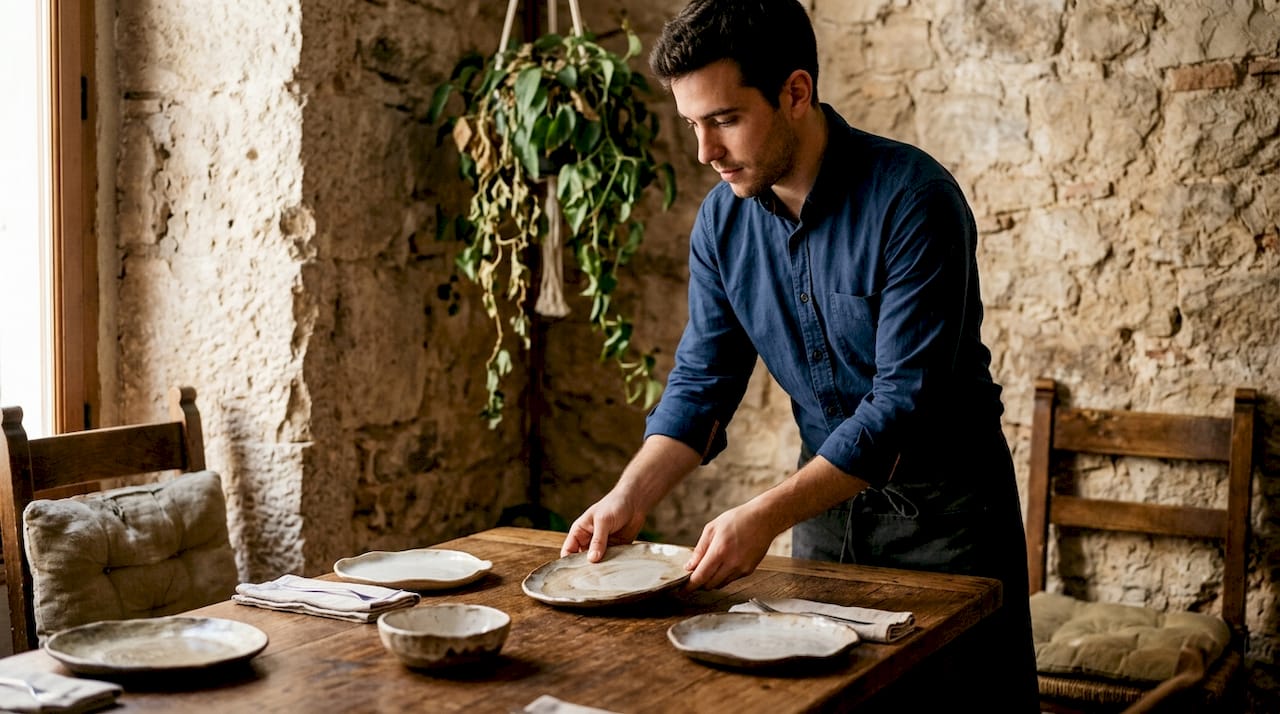 Un restaurante mediterráneo auténtico se distingue por la calidez y belleza de los materiales naturales: madera, piedra y cerámica llenan cada rincón, creando un ambiente acogedor y lleno de personalidad.
