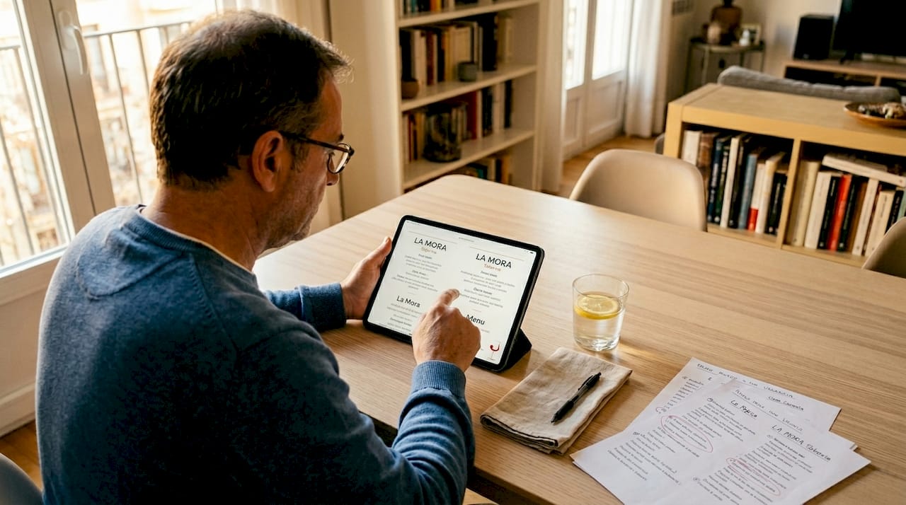 Un hombre revisa desde casa las cartas de varios restaurantes por internet.