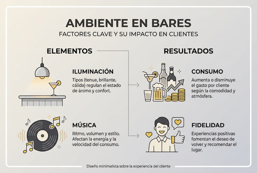 Infografía sobre cómo el ambiente y la experiencia influyen en la vida de los bares