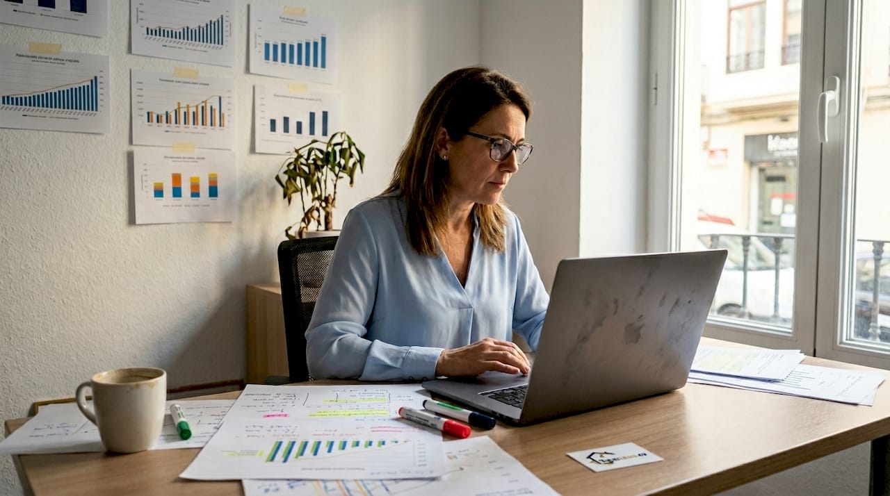 Especialista analizando cifras del mercado inmobiliario en su puesto de trabajo