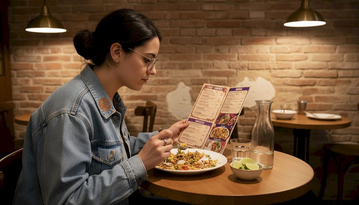 Un comensal revisa la carta de un restaurante indio mientras disfruta de un plato de chaat.