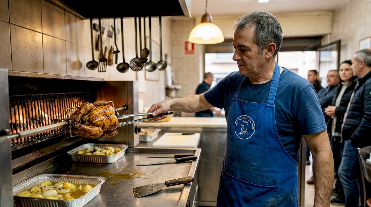 Cocinero preparando pollo a l’ast para llevar