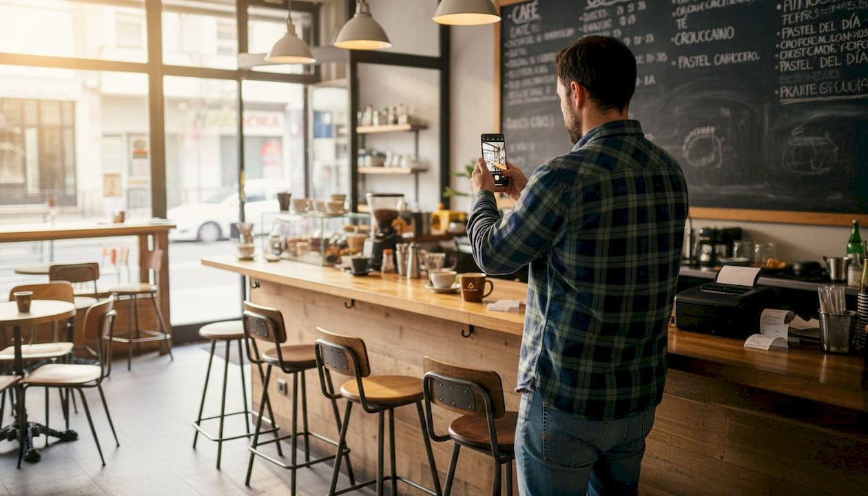 Un empleado tomando fotos del café para subirlas al perfil de Google del local