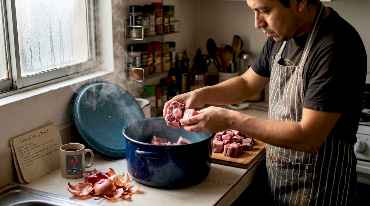 Una persona en casa incorpora trozos de carne de res a la olla donde está preparando un guiso.